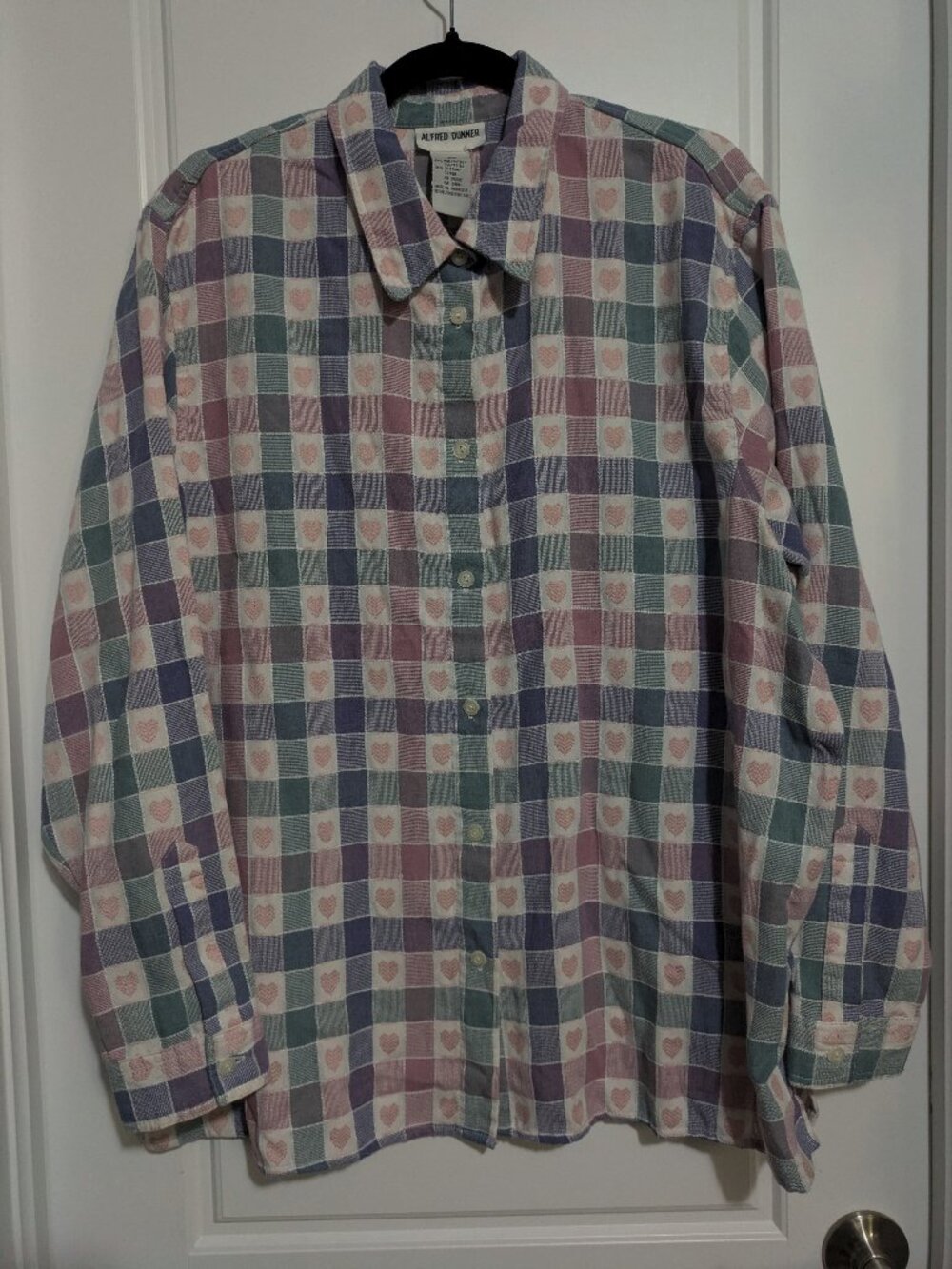 Alfred Dunner (18W) Heart Print Pastel Gingham Long Sleeved Button Down Shirt